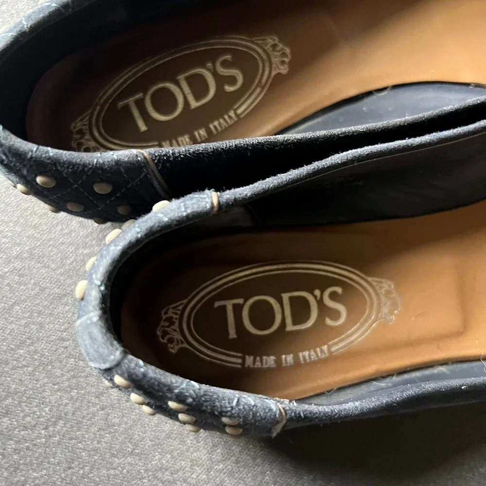 Tods Navy Blue Suede Quilted Studded Ballet Flats Shoes Made in Italy 38.5 US 8
